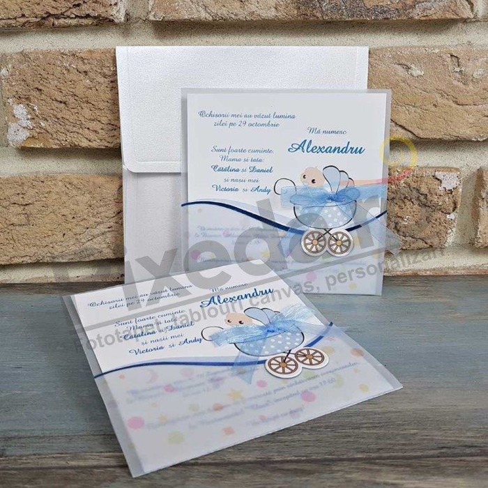 Imagine Invitatii de botez 8022 cărucior albastru