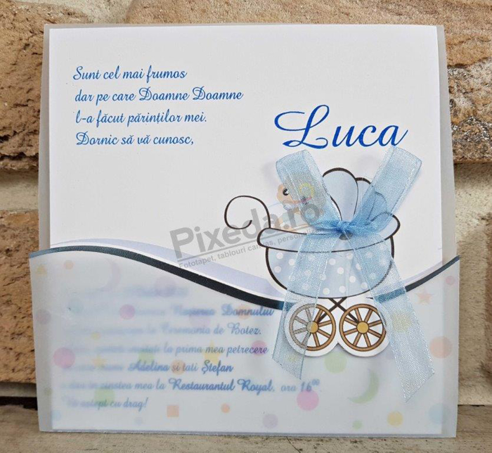 Imagine Invitatii de botez 8022 cărucior albastru