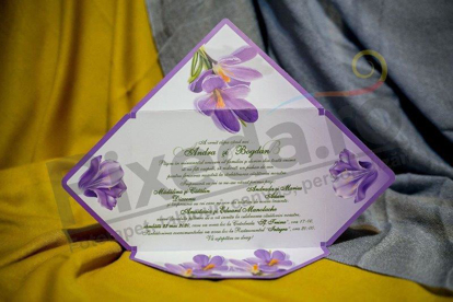 Imagine Invitatii nunta 220 plic mov si flori de iris