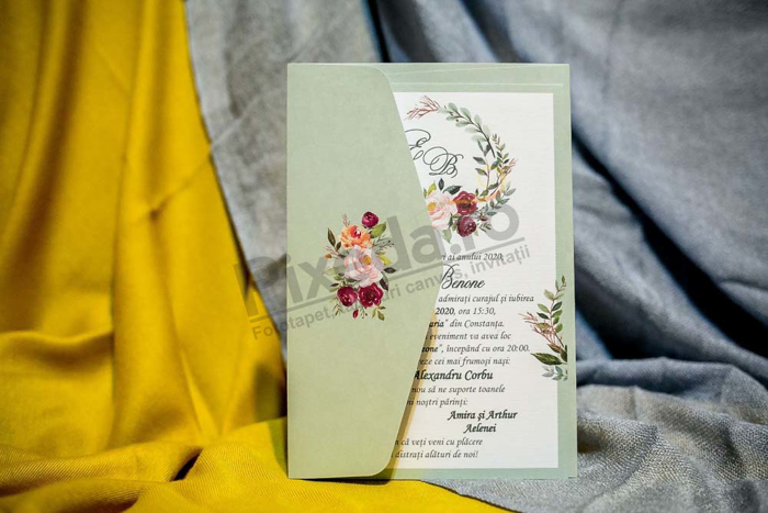 Imagine Invitatii nunta 970 verde cu motive florale