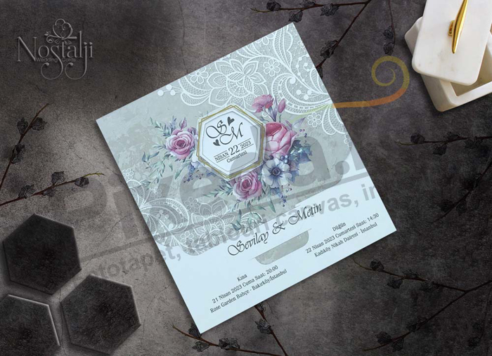 Imagine Invitații nuntă 9022 gri dantelat floral